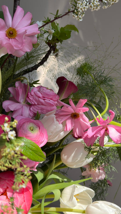 Bouquet of Peony Coral Charm, Ranunculus Butterfly and Blooming Branches