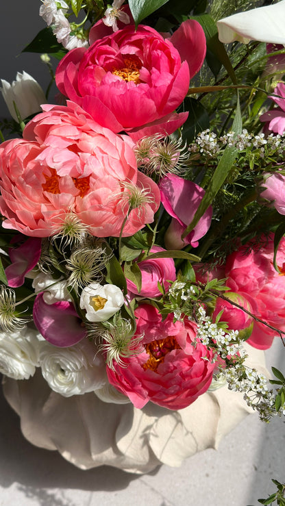 Bouquet of Peony Coral Charm, Ranunculus Butterfly and Blooming Branches