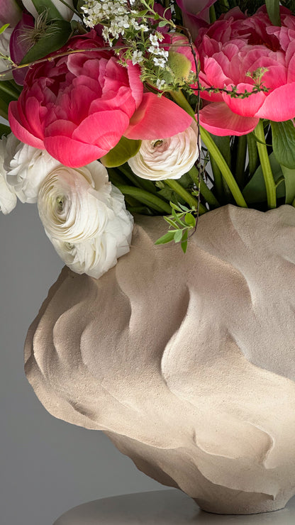 Bouquet of Peony Coral Charm, Ranunculus Butterfly and Blooming Branches