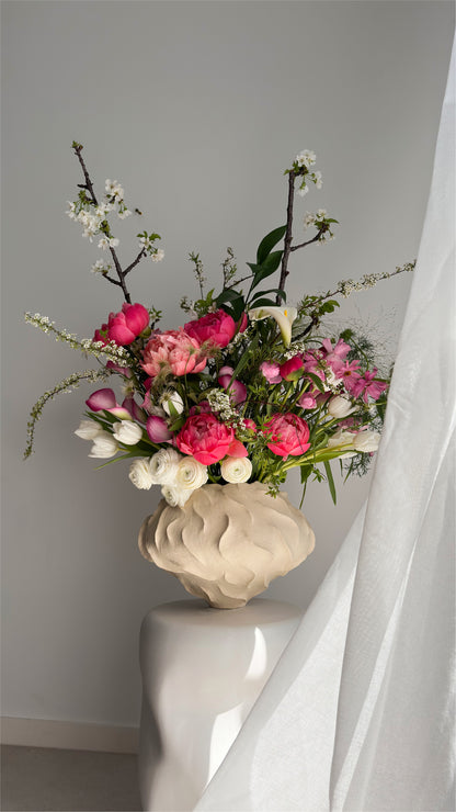Bouquet of Peony Coral Charm, Ranunculus Butterfly and Blooming Branches