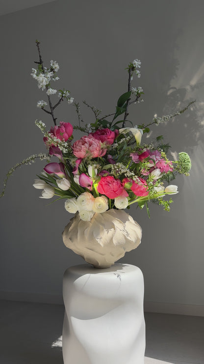 Bouquet of Peony Coral Charm, Ranunculus Butterfly and Blooming Branches
